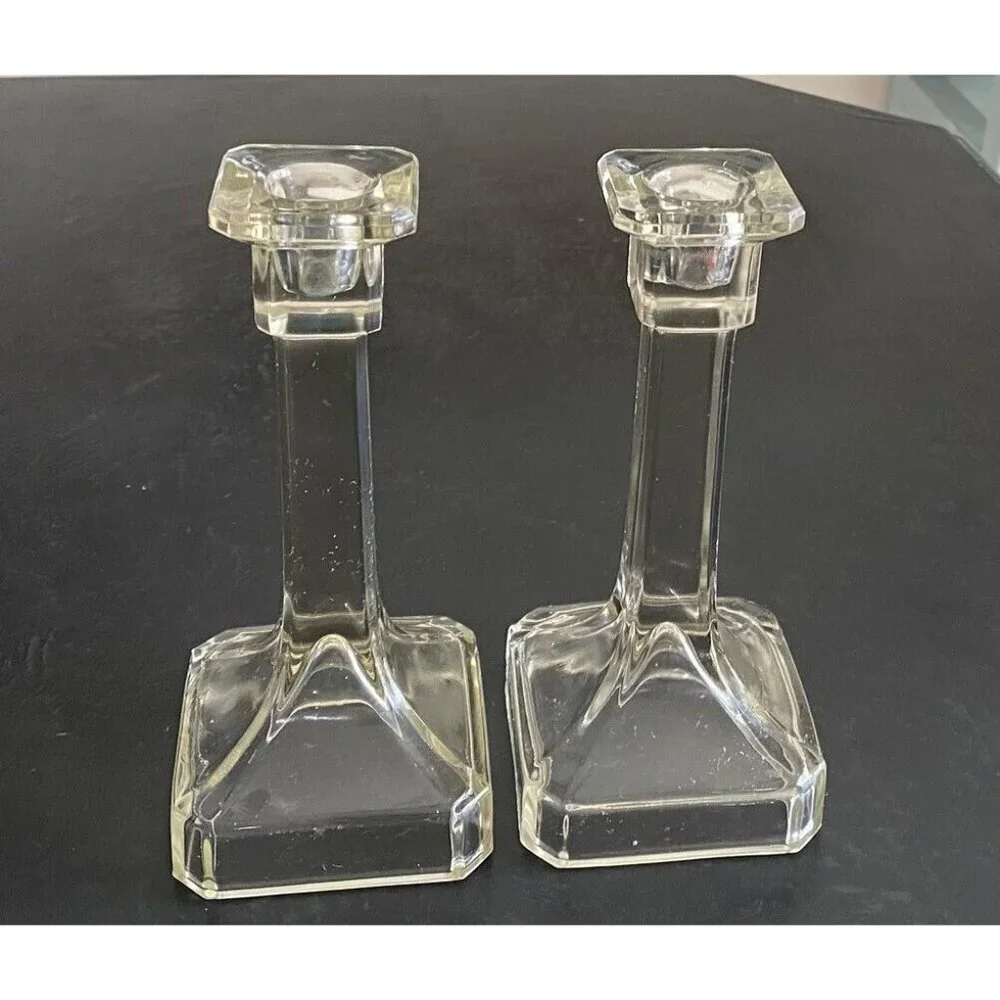 Vintage Pair Glass Candle Sticks Taper Candleholders Clear Square Base 7.5